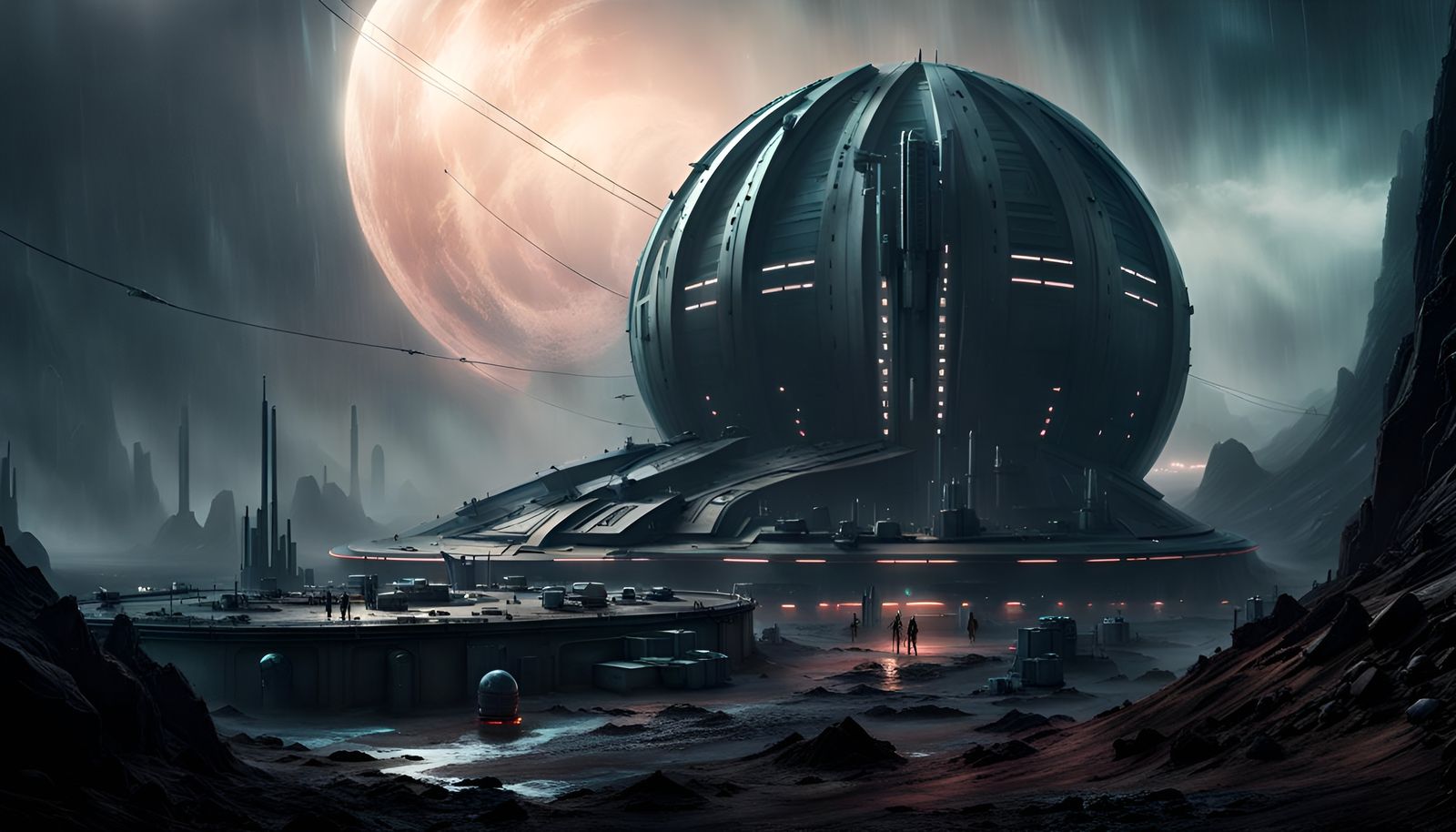 Alien Planet Base Station in Moody Cyberpunk Style