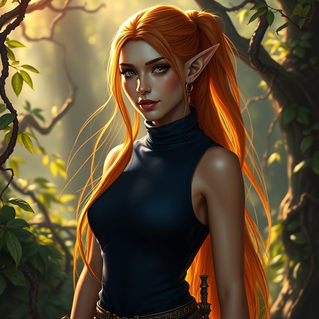 Elegant Female Elf Druid in Mystical Landscape
