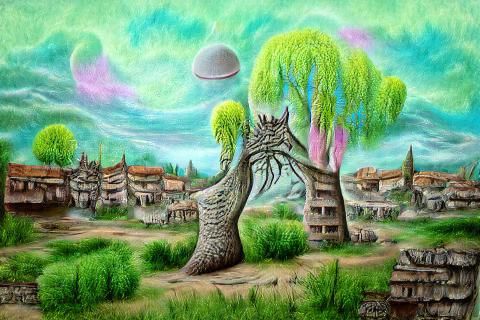 Alien Medieval Village with Tree in Detailed Painting