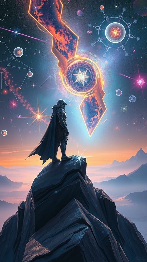 Futuristic Knight Amidst Galactic Landscape