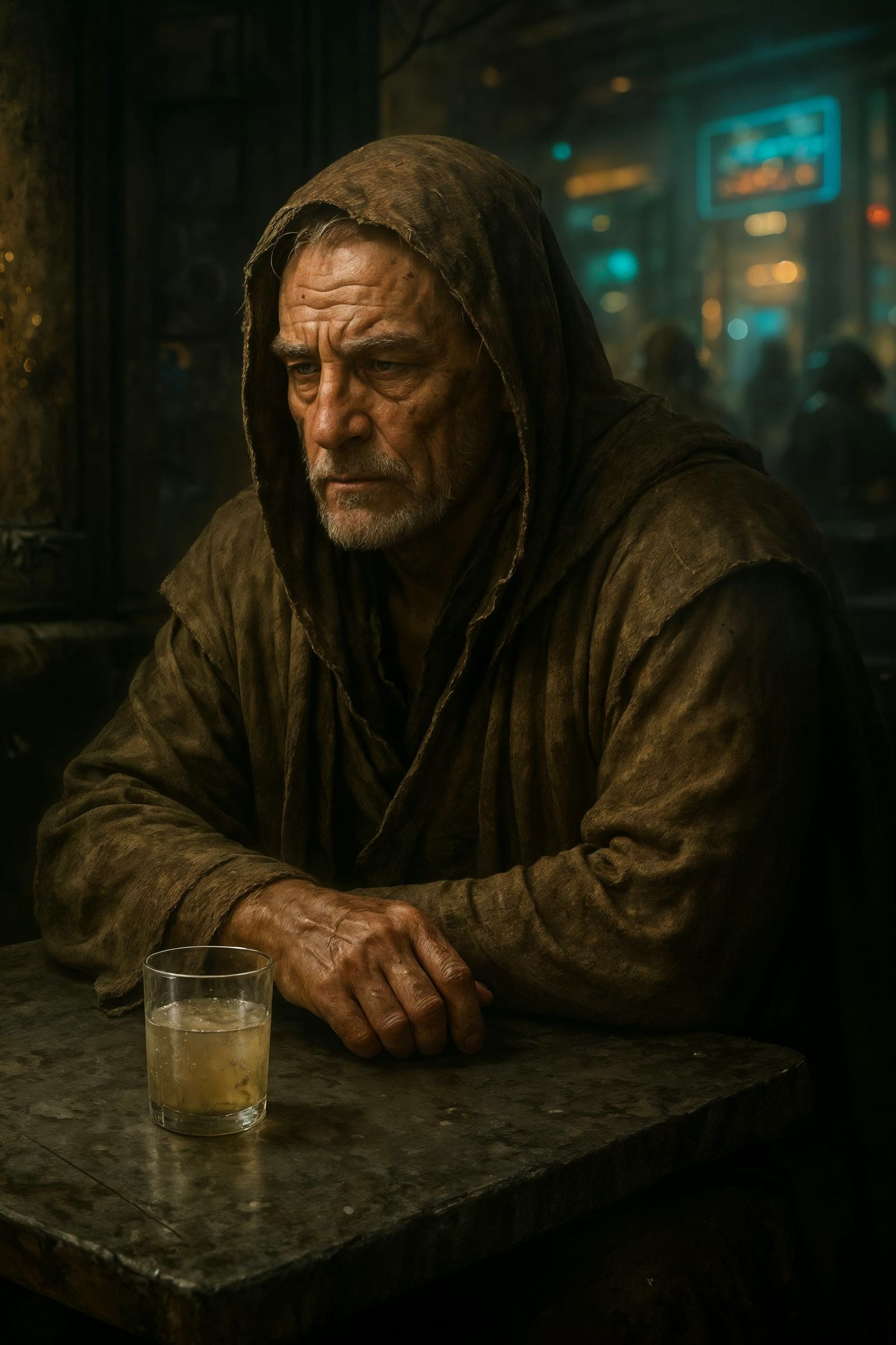 Former Warrior Sits Alone in Gritty Spaceport Cantina