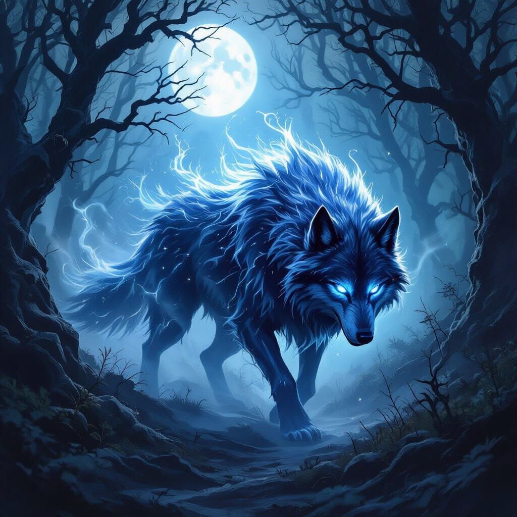 Spectral Wolf of Starlight in Dark Fantasy Art
