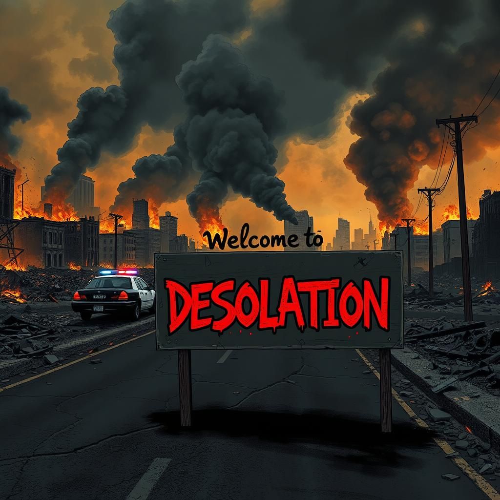 Dystopian Cityscape in Ruins: Graphic Novel Illustration