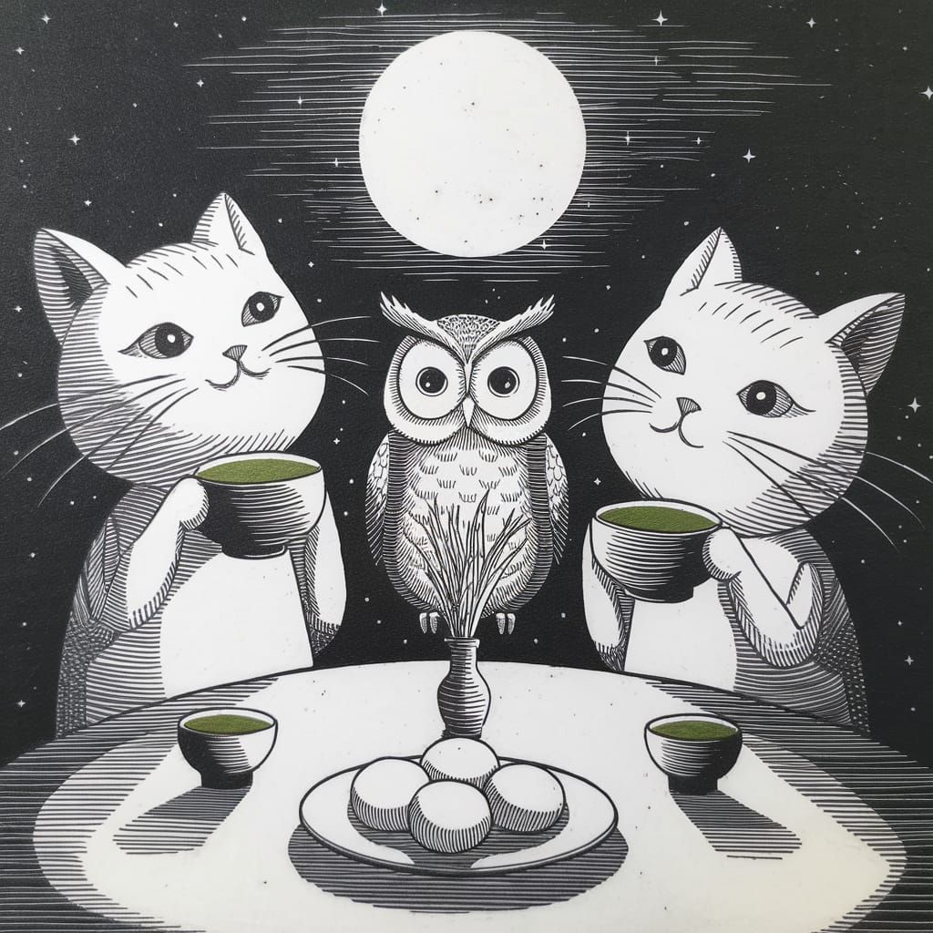 Minimalist Japanese Etching: Cats Moon Viewing