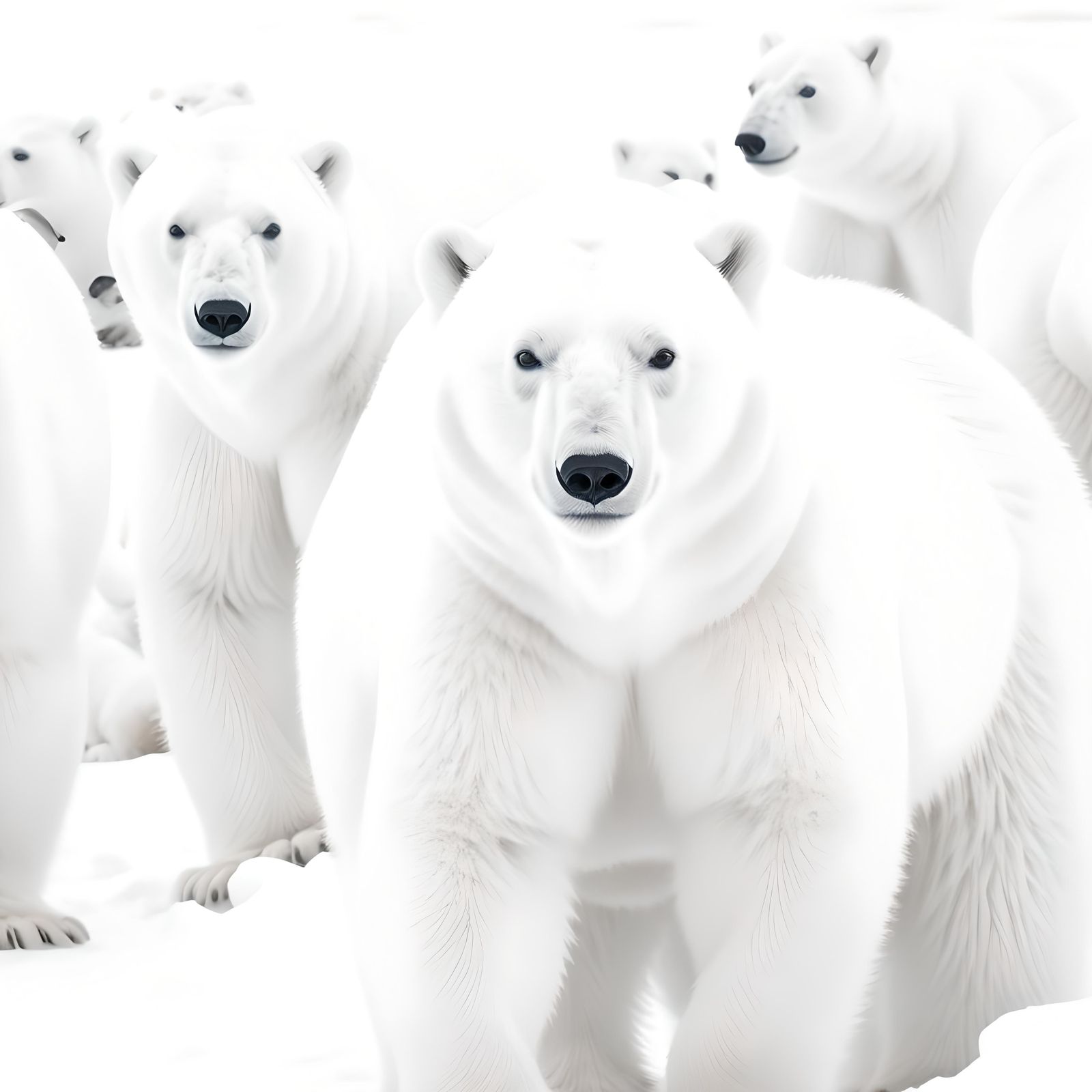 Déja vu! Vast fields of shining white snow hiding a mob of white Polar Bears who are just standing around.