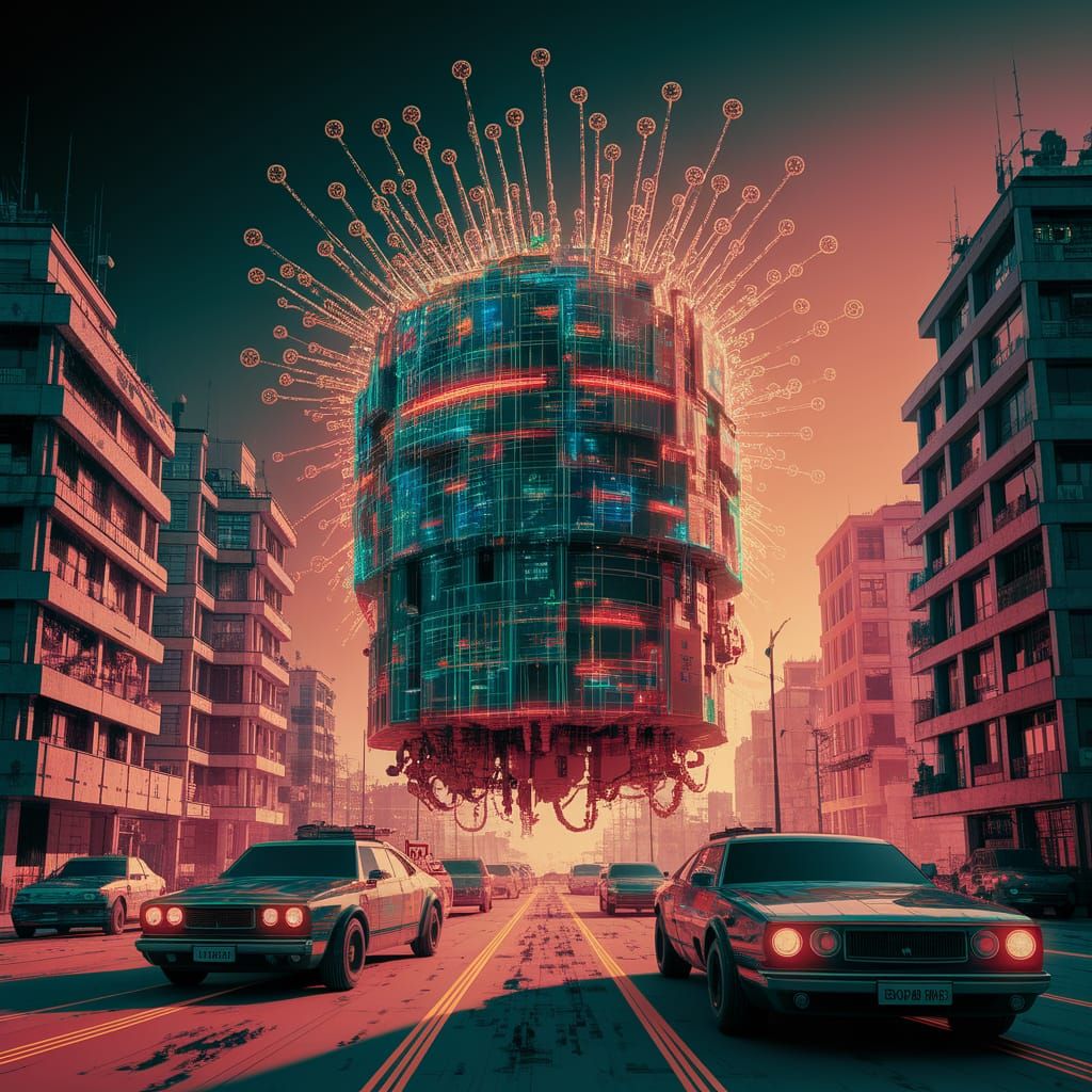 Low Poly Post Apocalypse Cityscape with Glitching Hivemind S...