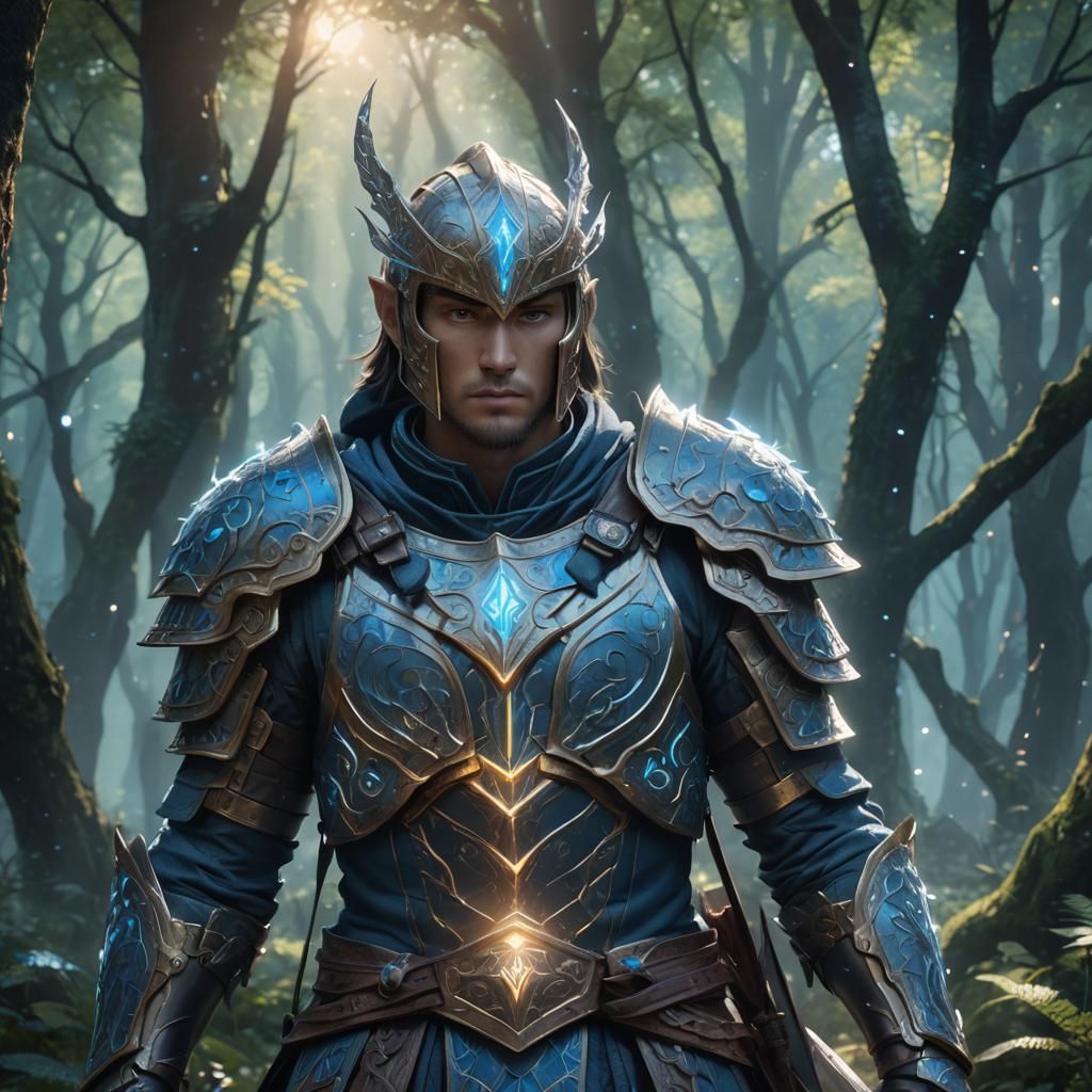 Mystical Warrior in Ancient Forest