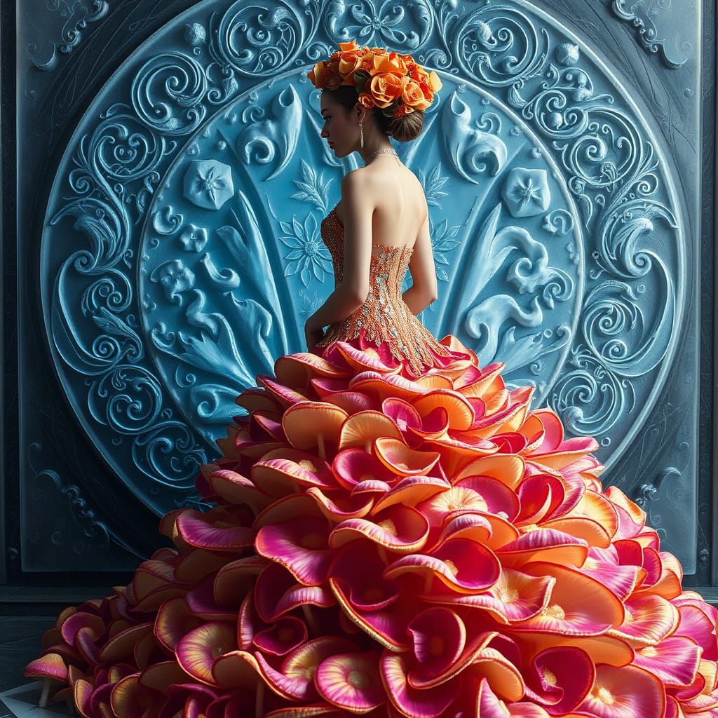 Woman in Whimsical Mushroom Gown with Intricate Crystal Back...
