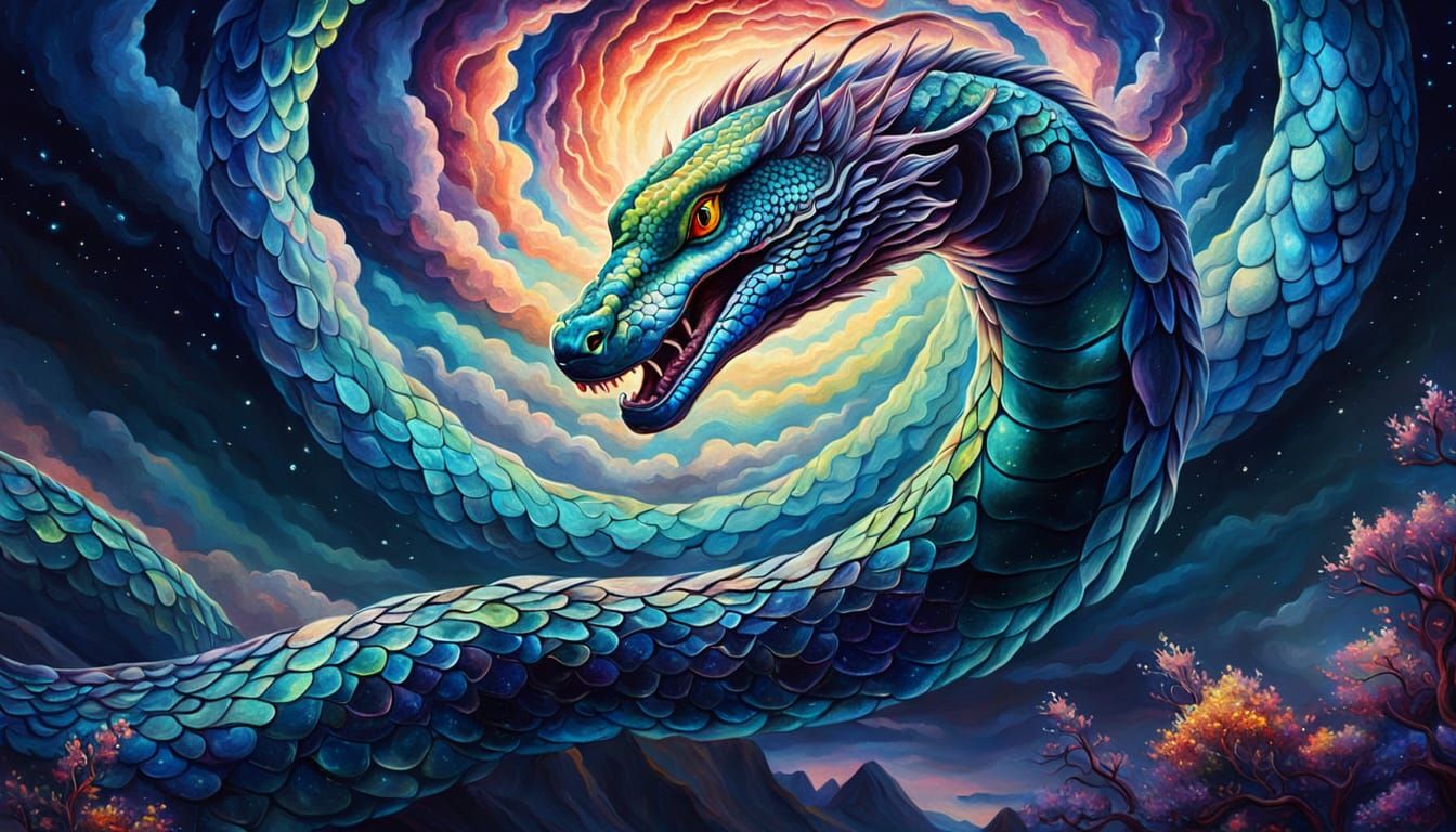 Bioluminescent Sky Serpent in Surreal Oil Painting