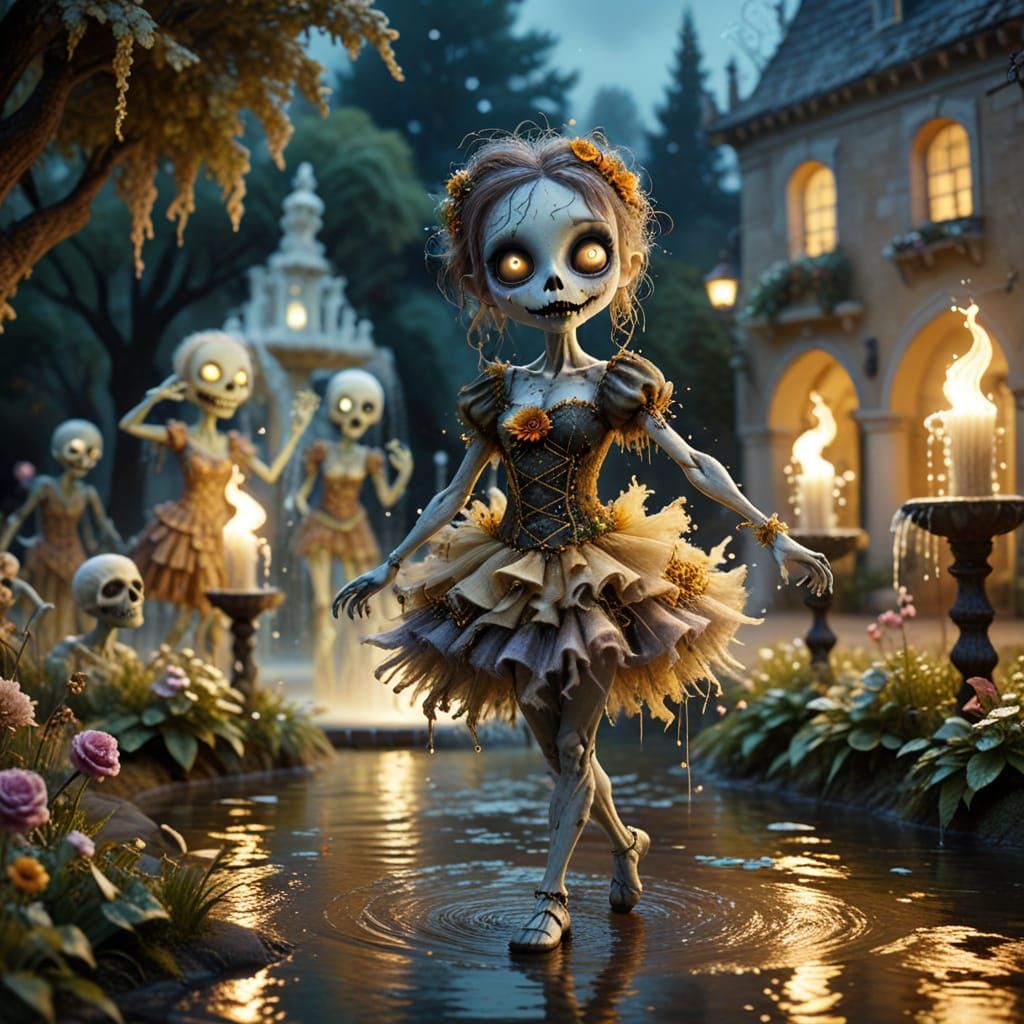 Whimsical Undead Dance in a Magical Courtyard