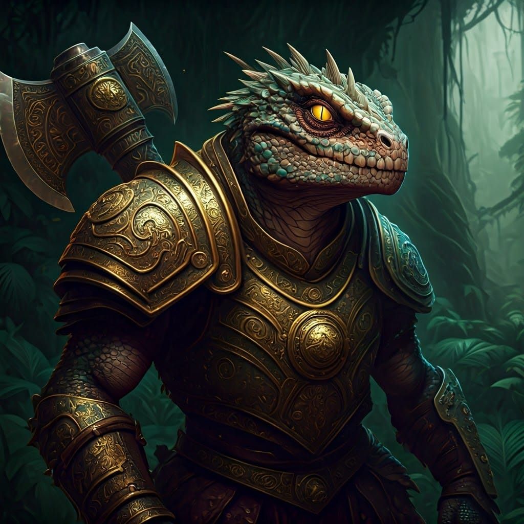 Lizard Warrior Guardian of the Jungle in Dark Fantasy Art