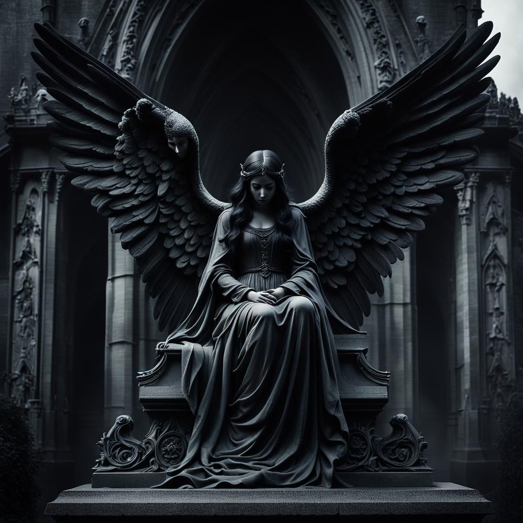 Gothic Angel with Black Wings in Dark Scene