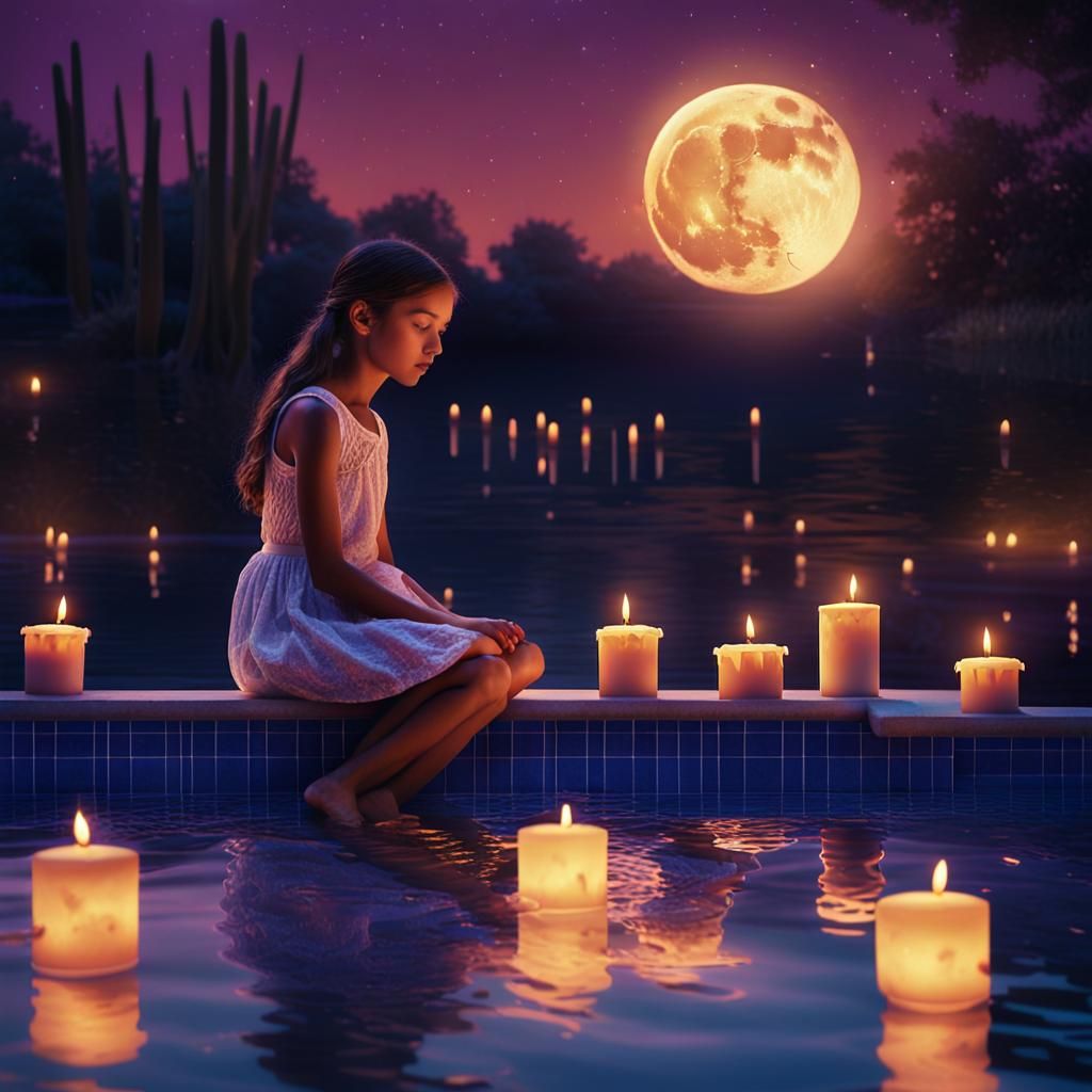 Girl by Moonlit Pool with Candles in Romanticism Style