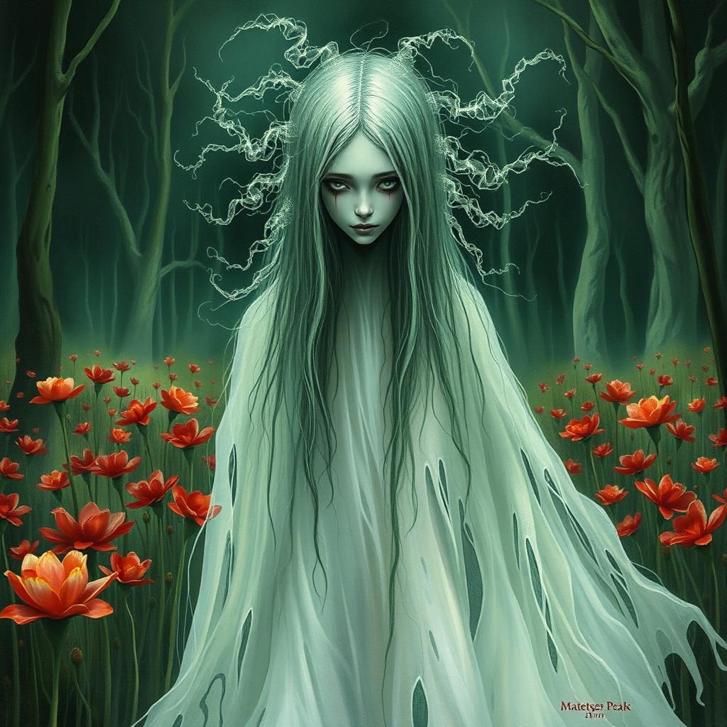 Ghostly Spectral Figure in Gothic Swamp: Digital Art