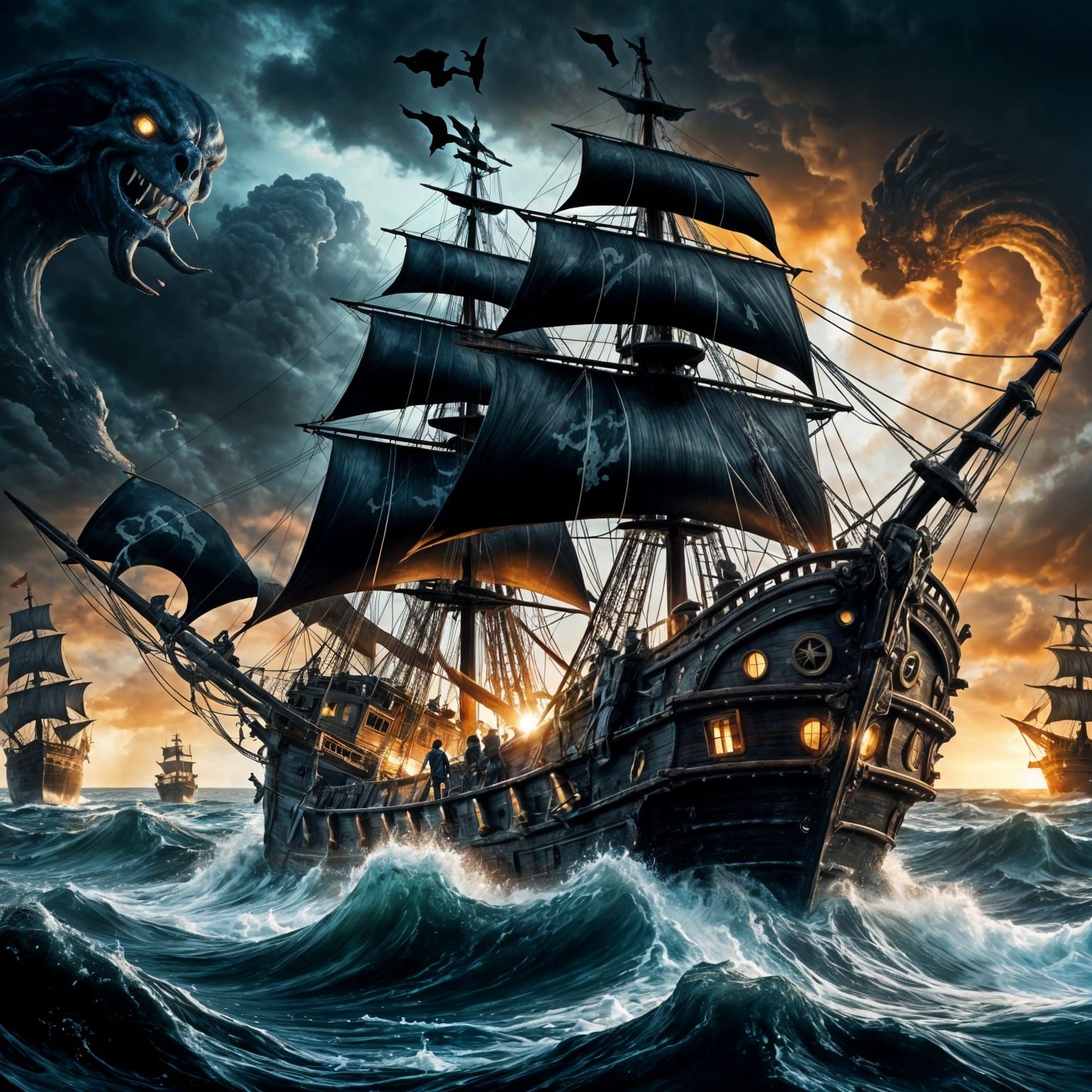 Pirate Ship vs Kraken in Stormy Sea Battle