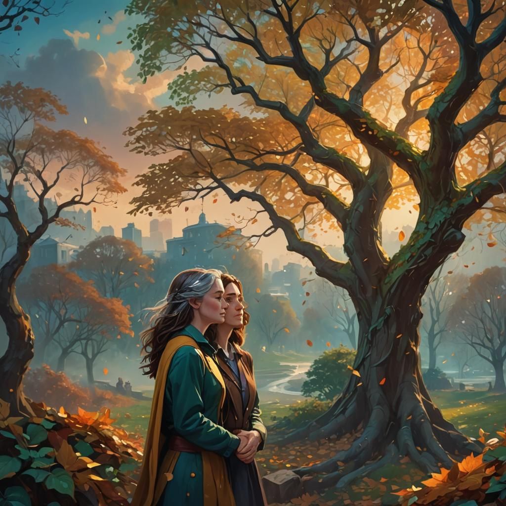 Fantasy Embrace Under Autumn Leaves: Oil Painting