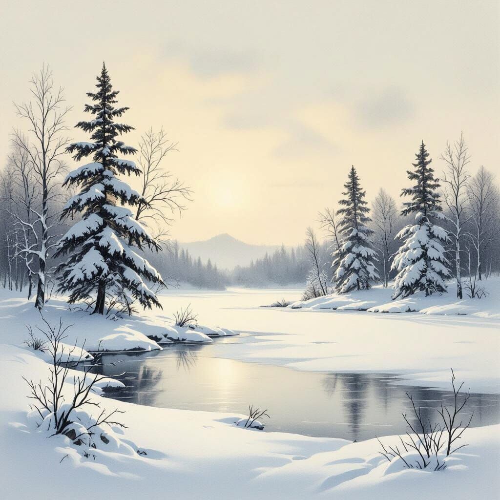 Graphite Sketch of Serene Winter Landscape