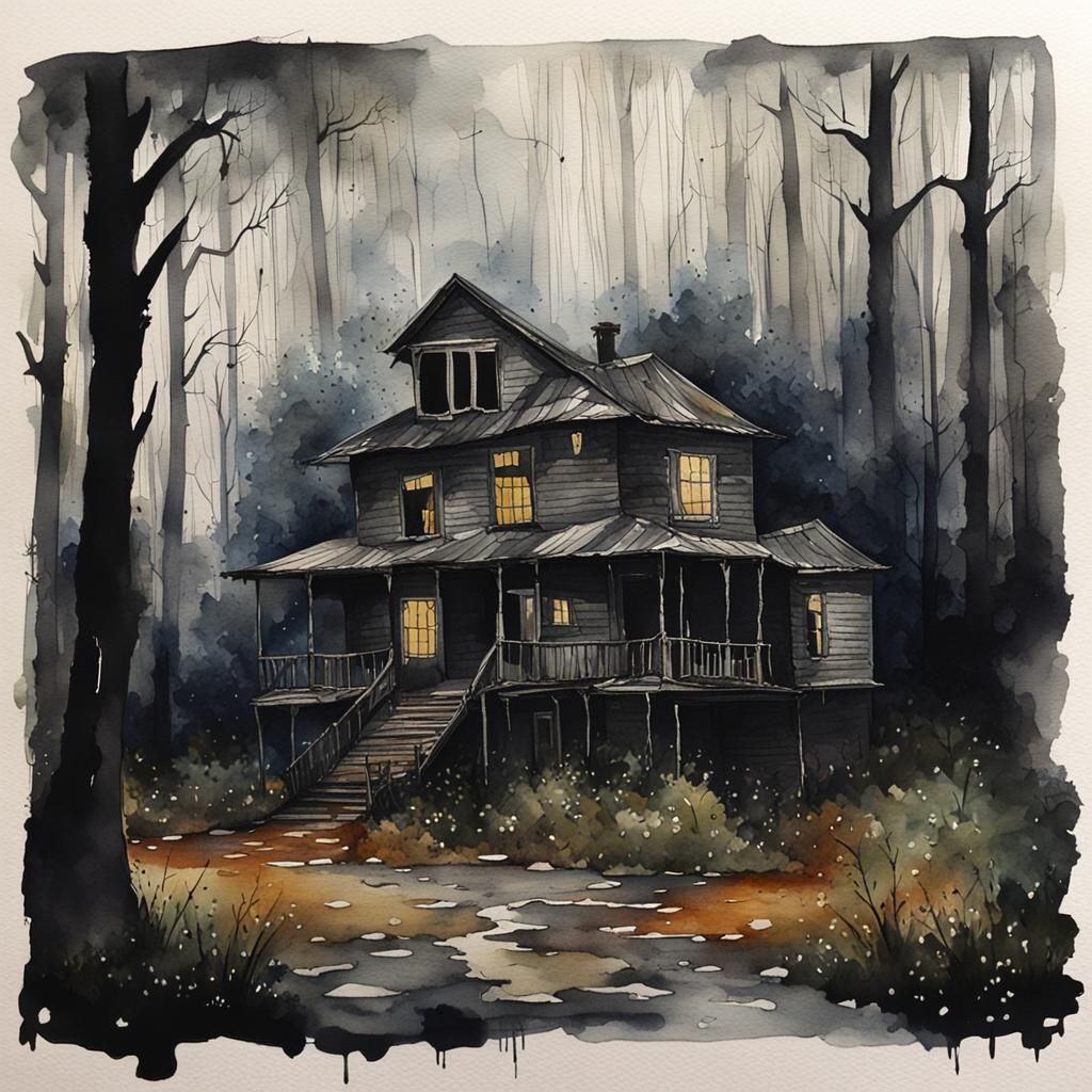 Watercolor of Abandoned House in Dark Forest