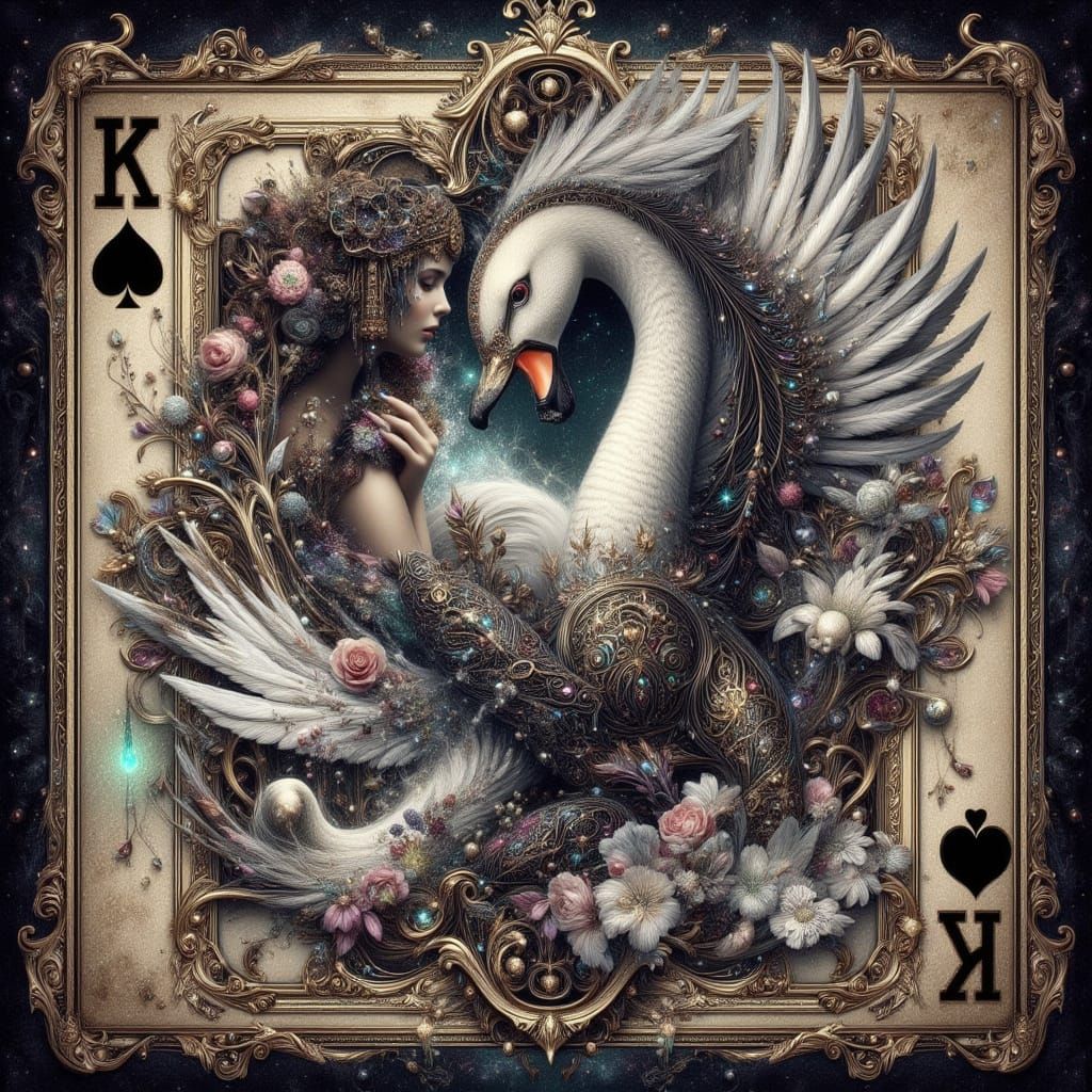 Swan Emerges from Playing Card in Ornate Style