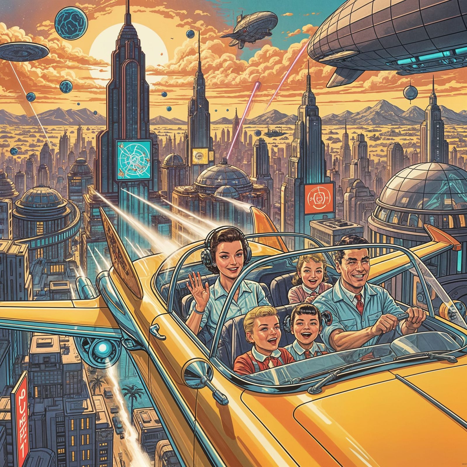 Retro-Futuristic Family Flies Through Art Deco Cityscape