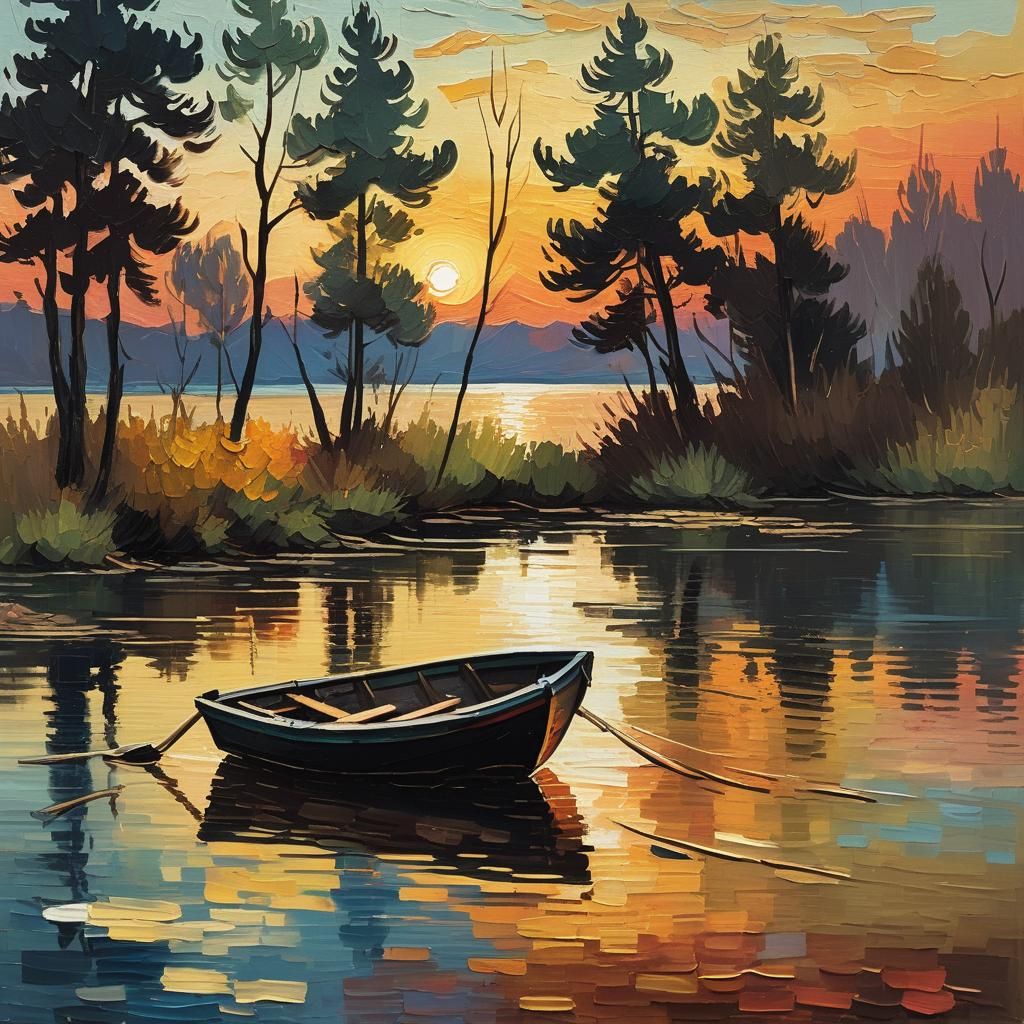 Serene Lakeside Sunset: Oil Painting in Impressionist Style