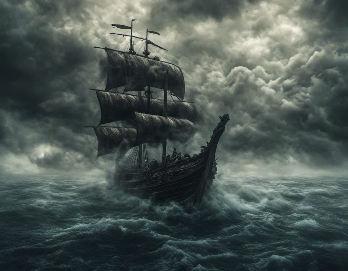 Viking Longboat Sails Through Stormy Seas