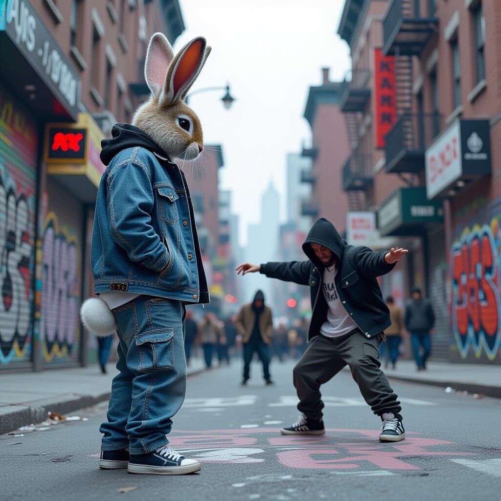 Man-Sized Bunny Watches Breakdancers in Urban Setting
