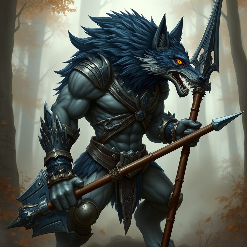 Mighty Wolf Warrior in Dark Blue Armor Stands Ready in Autum...
