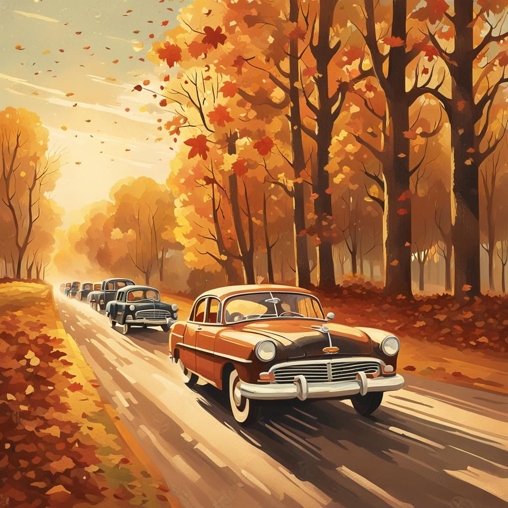 Vintage Cars Racing in Autumn: Retro Illustration