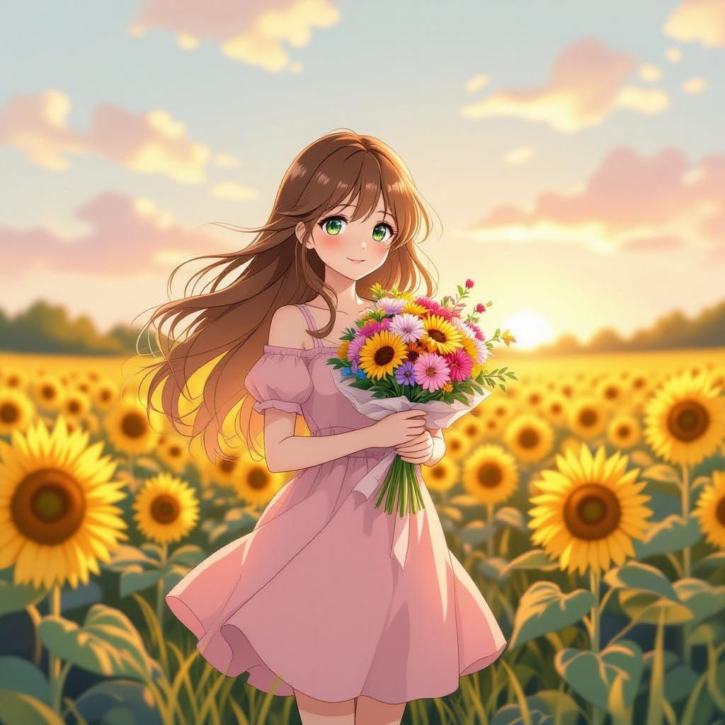 Anime Girl in Sunflower Field at Sunset