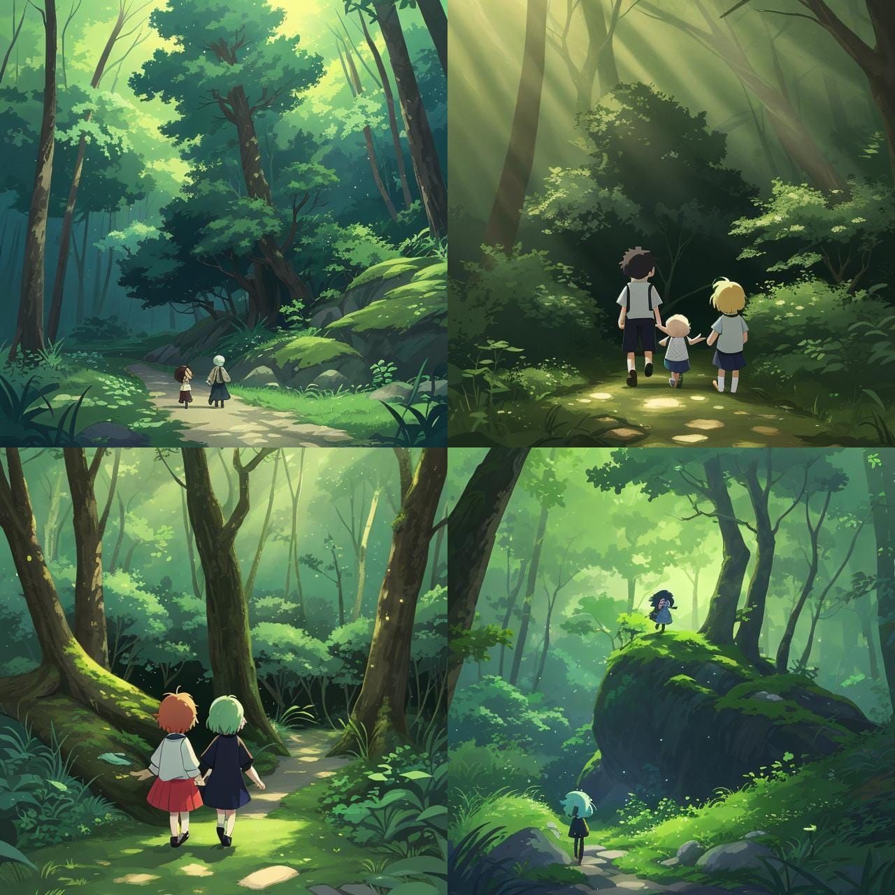 Kids Hiking in Serene Woods: Anime Style