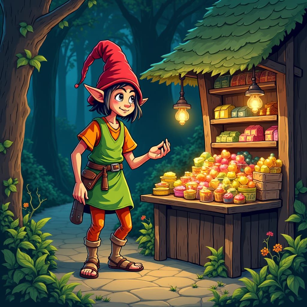 Elf Trader in Bustling Forest: 8-bit Pixel Art