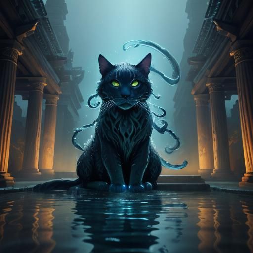 Water Cat in Mystical Temple, Anime Style