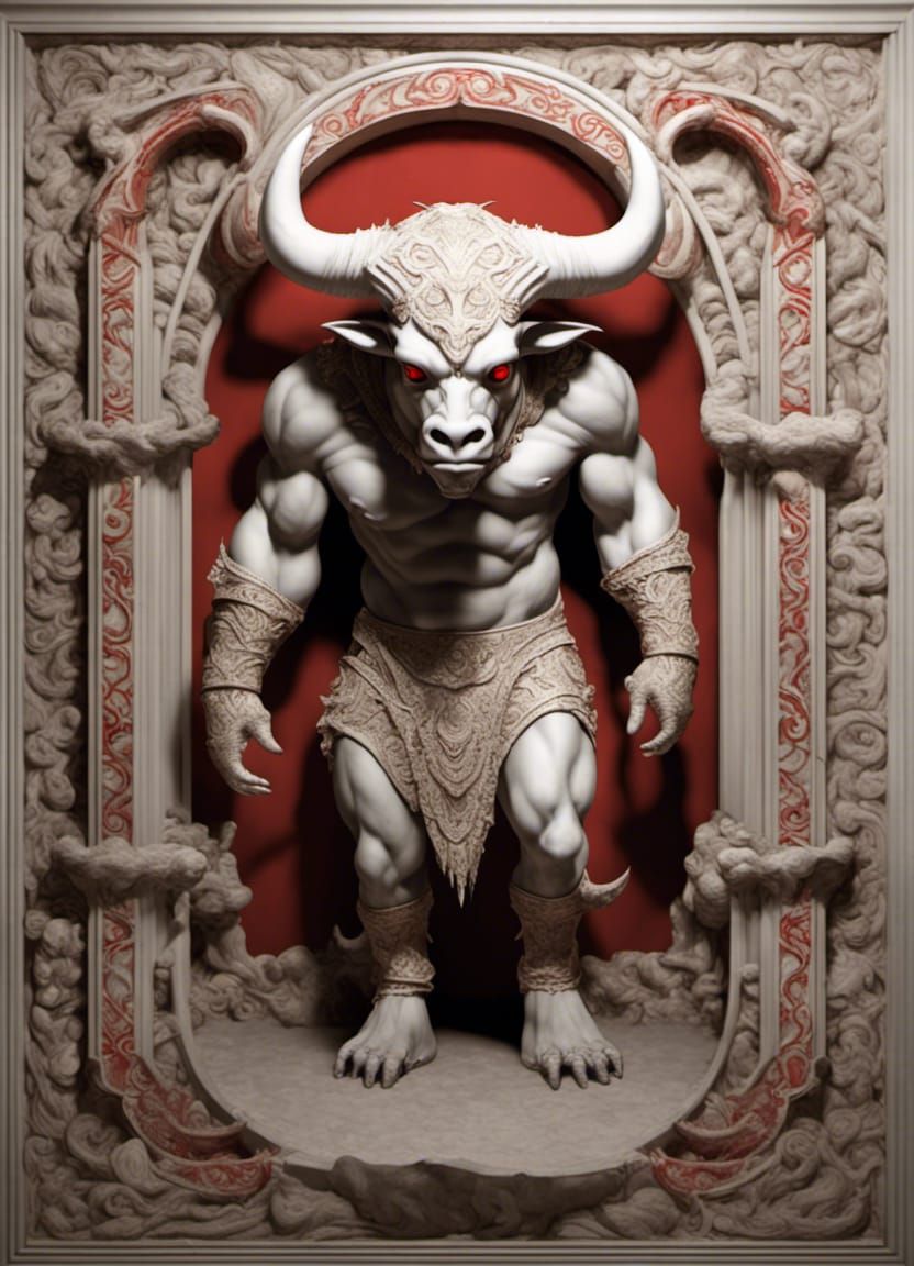 Hyperdetailed Minotaur in Ornate Marble Maze