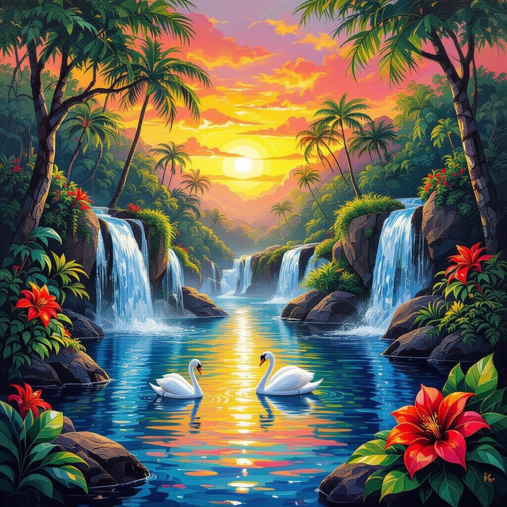 Vivid Oil Painting of Tropical Forest with Waterfalls and Sw...