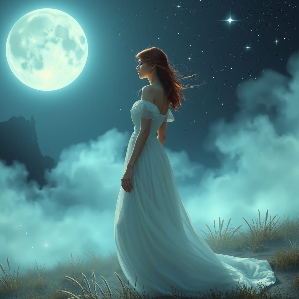 Moonlit Woman in Dreamy Surreal Landscape