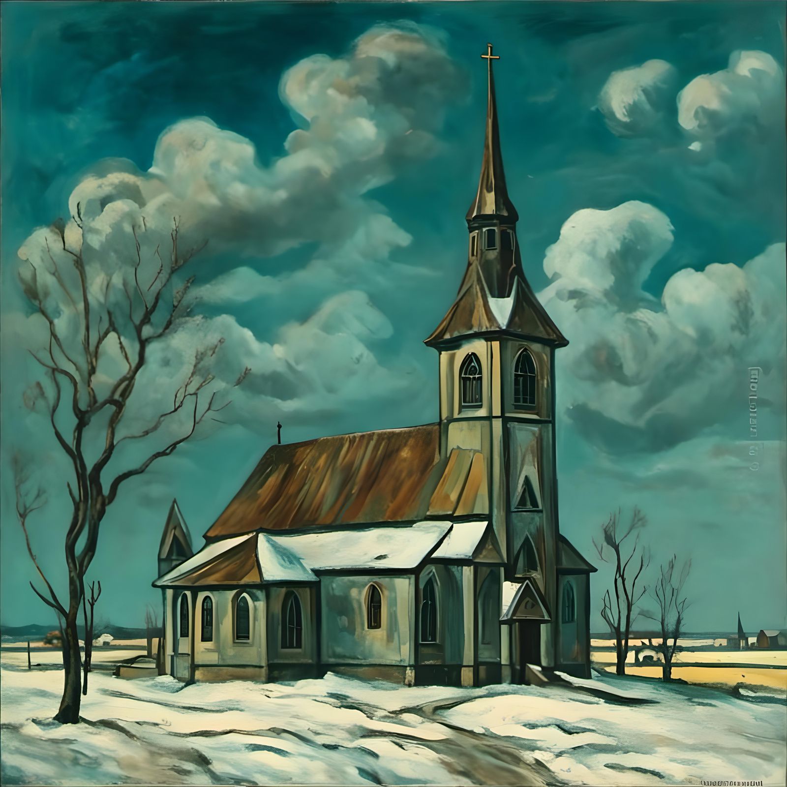 Weathered Church in Snowy Field Under Cloudy Sky