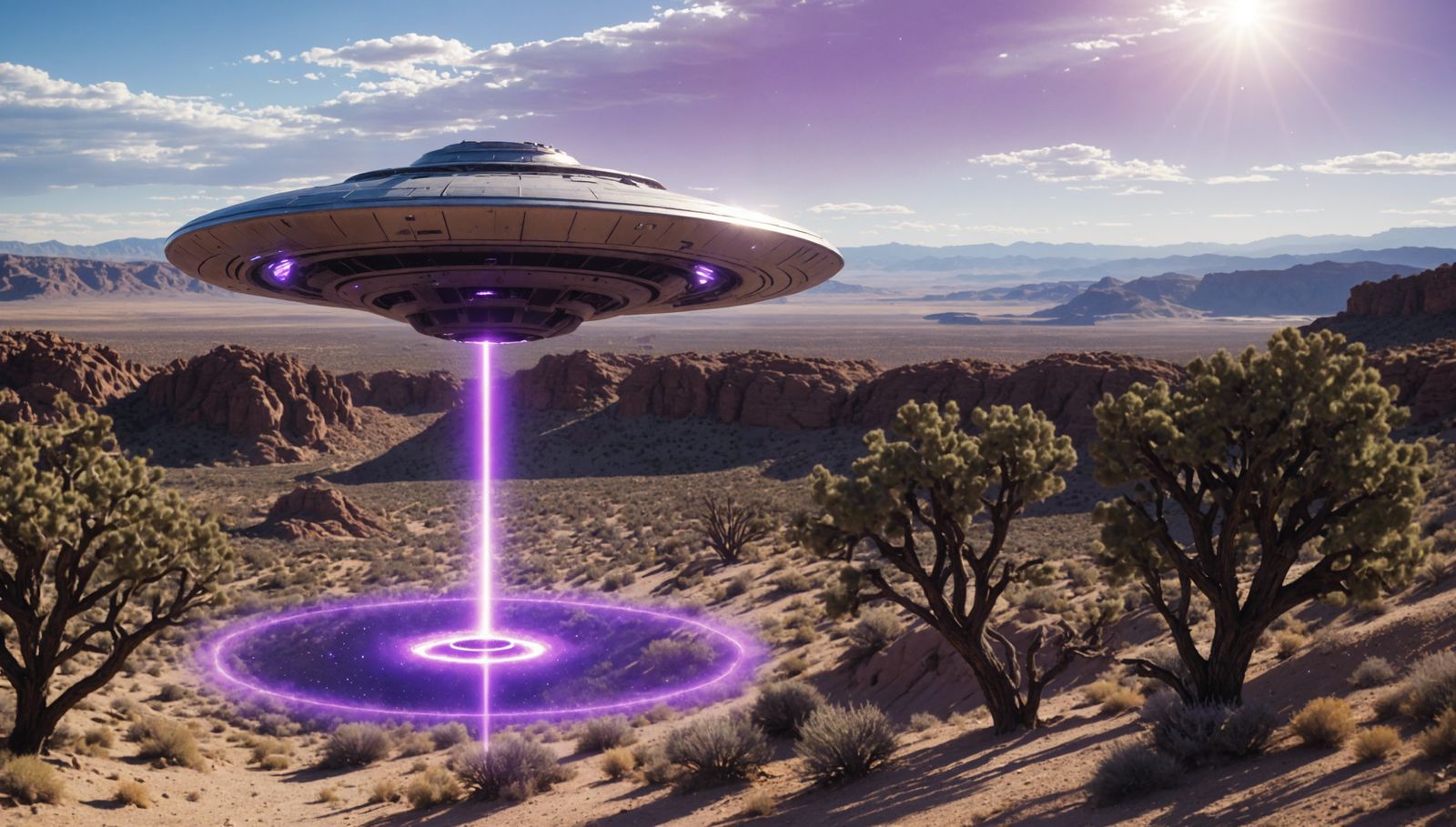 Chrome UFO Hovering Over Desert Valley