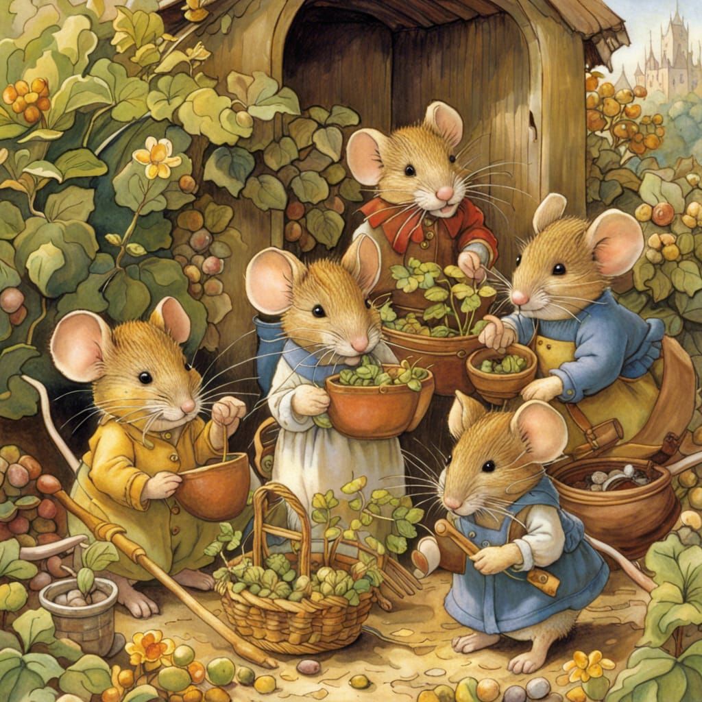 Cute Mouse Family Gardening, Classic Children's Illustration