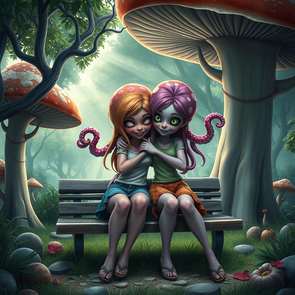 Monster Girls' Friendly Hug in Mushroom Park