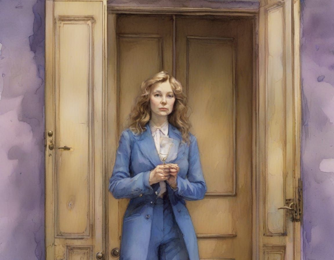 Dreamy Watercolor Portrait of a Woman in a Blue Blazer