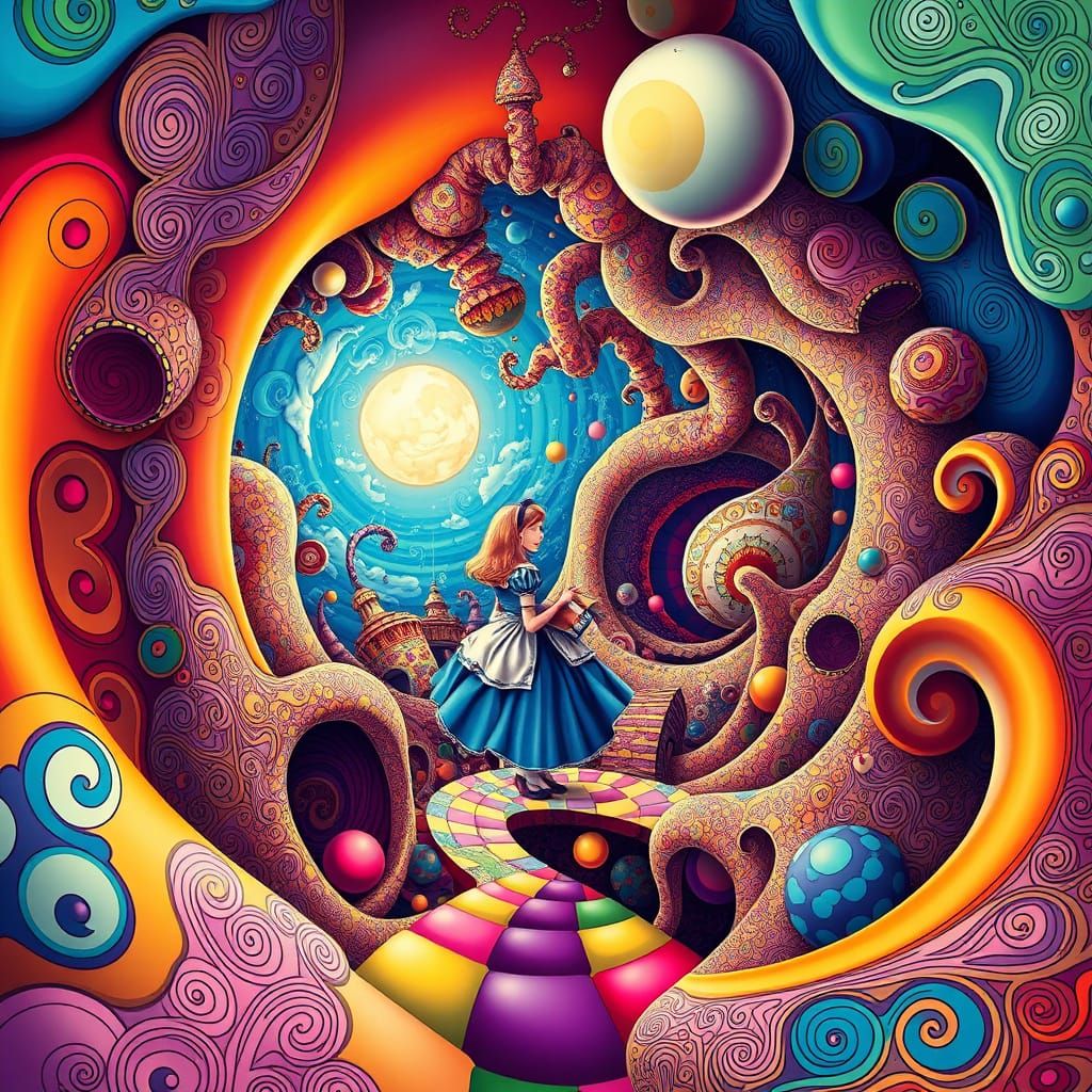 Alice in wonderland in an optical illusion abstract vector f...