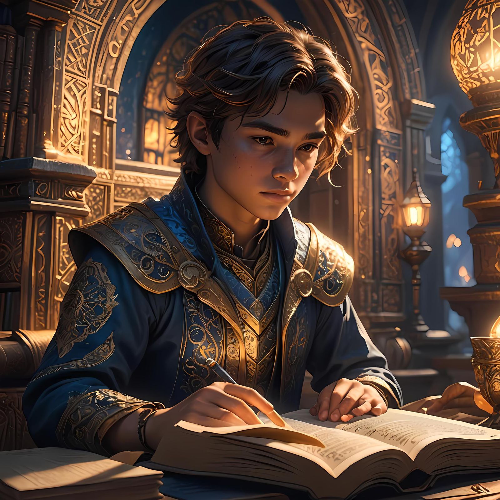 Student Studies Glowing Textbook: Fantasy Concept Art