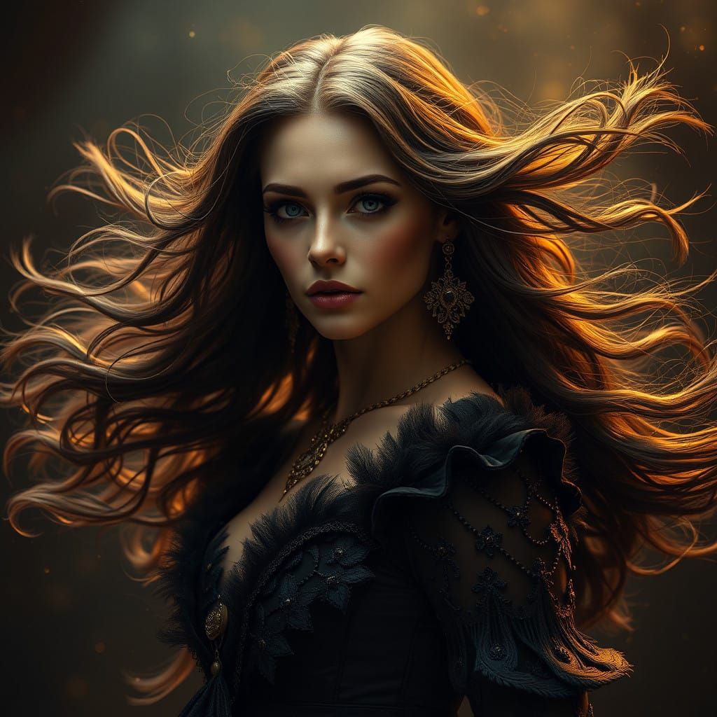 Ethereal Dark Beauty in a Shimmering Golden Glow