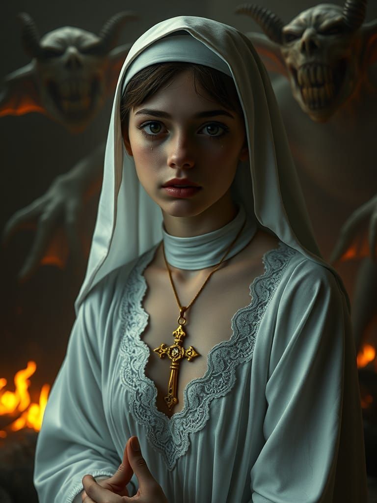Nun Praying in Gehenna, Hyperrealistic Concept Art