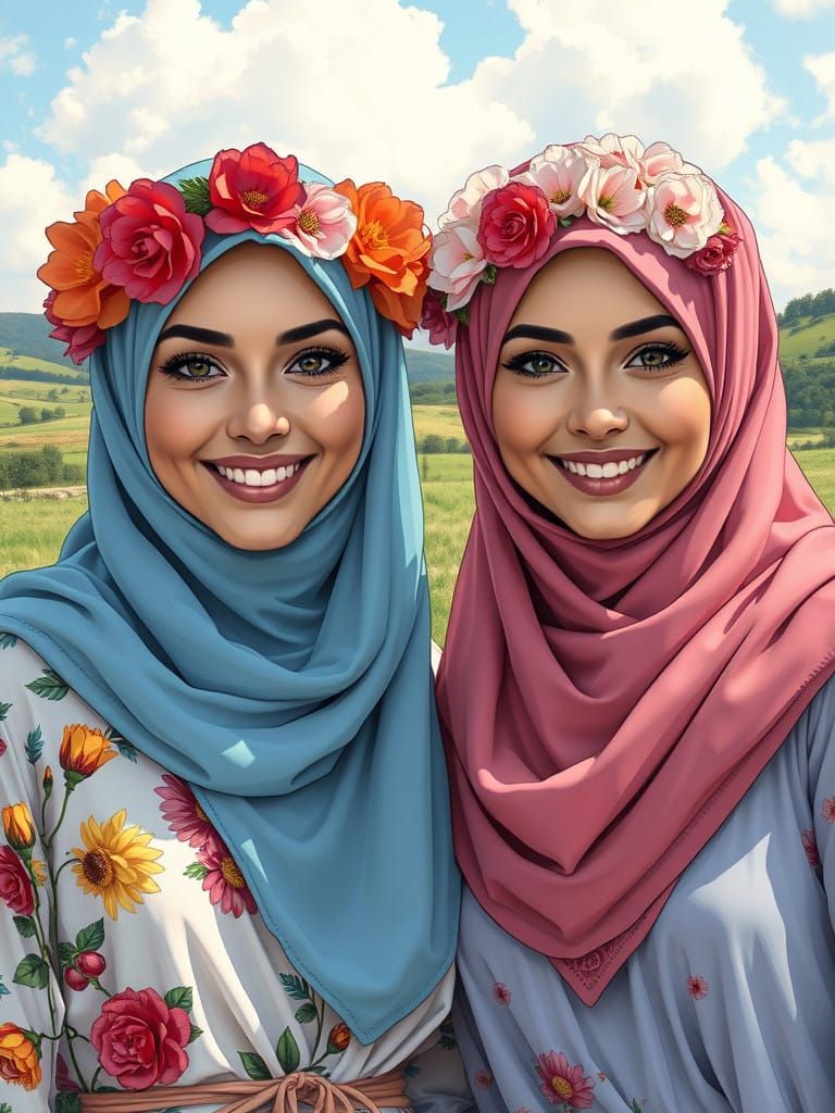 Comic Book Style Portraits of Two Hijab-Wearing Women Friend...