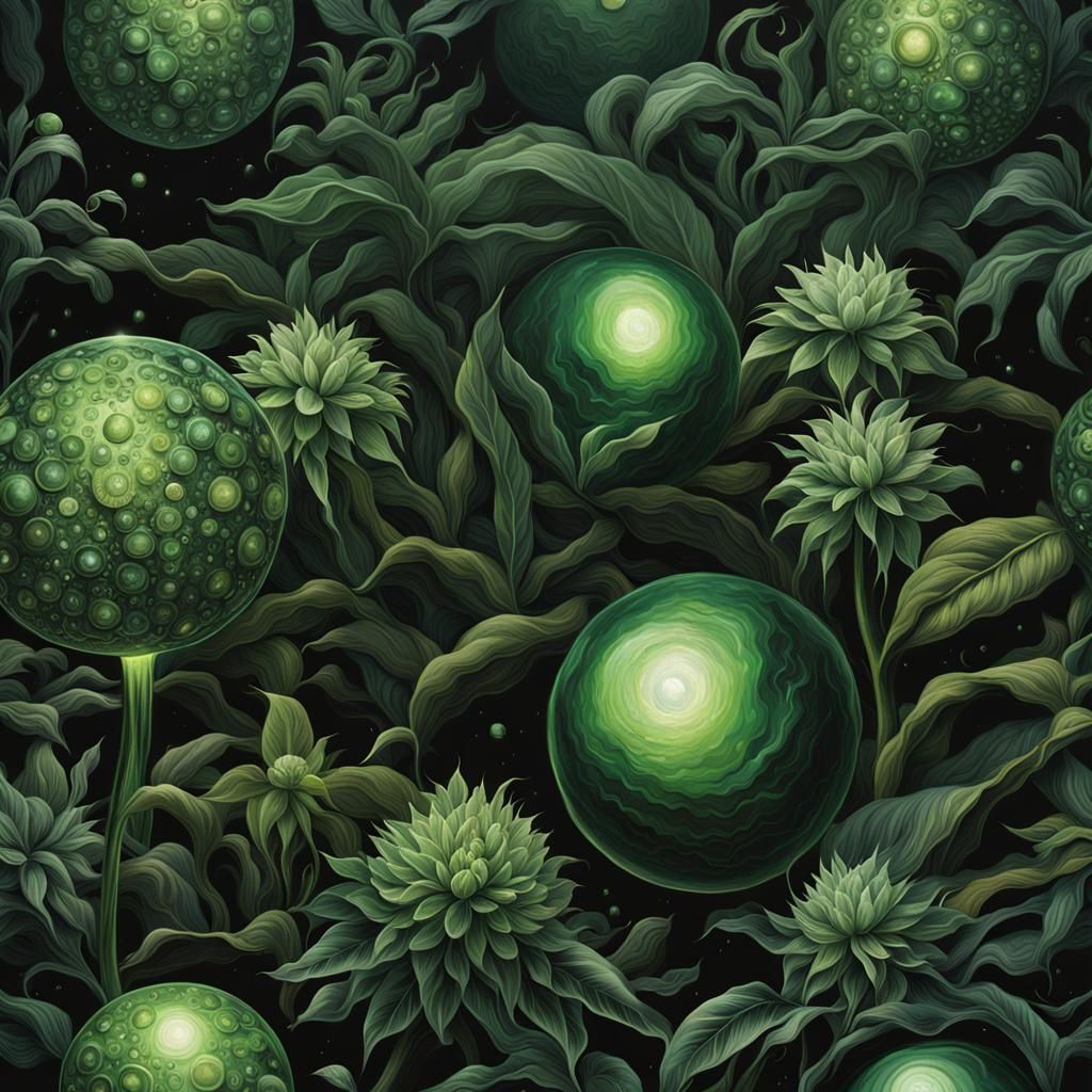 Hyperdetailed Fantasy with Green Orbs and Lush Flora
