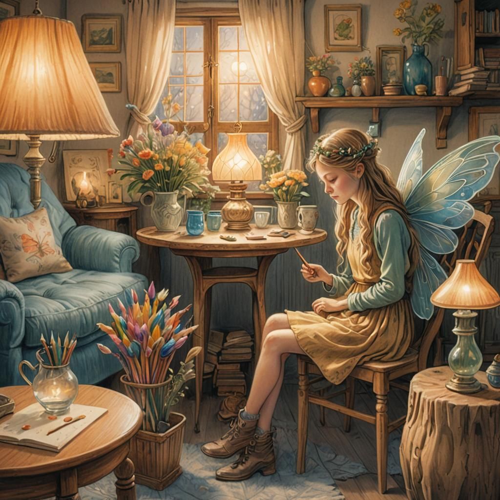 Whimsical Fairy in Cozy Room Sketch
