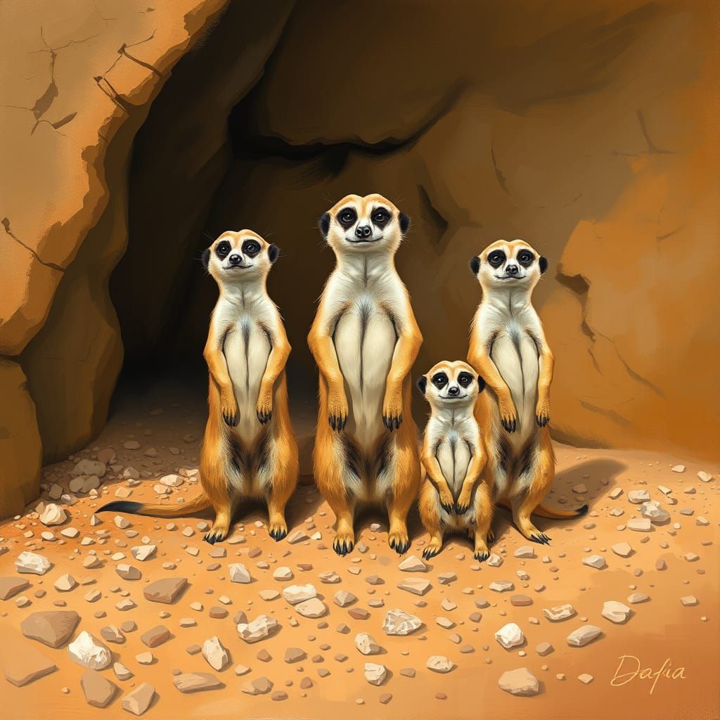 Warm Meerkat Family Standing in Earthy Cave Landscape