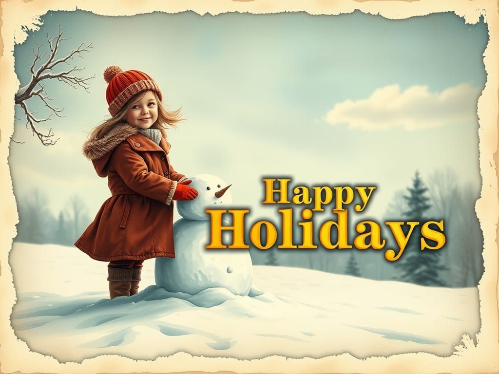 Vintage Girl Building Snowman in Snowy Landscape